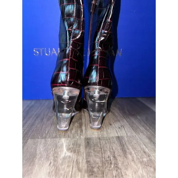 Stuart Weitzman Lucite Croc-Embossed Leather Wedge Boots - Picture 13 of 15